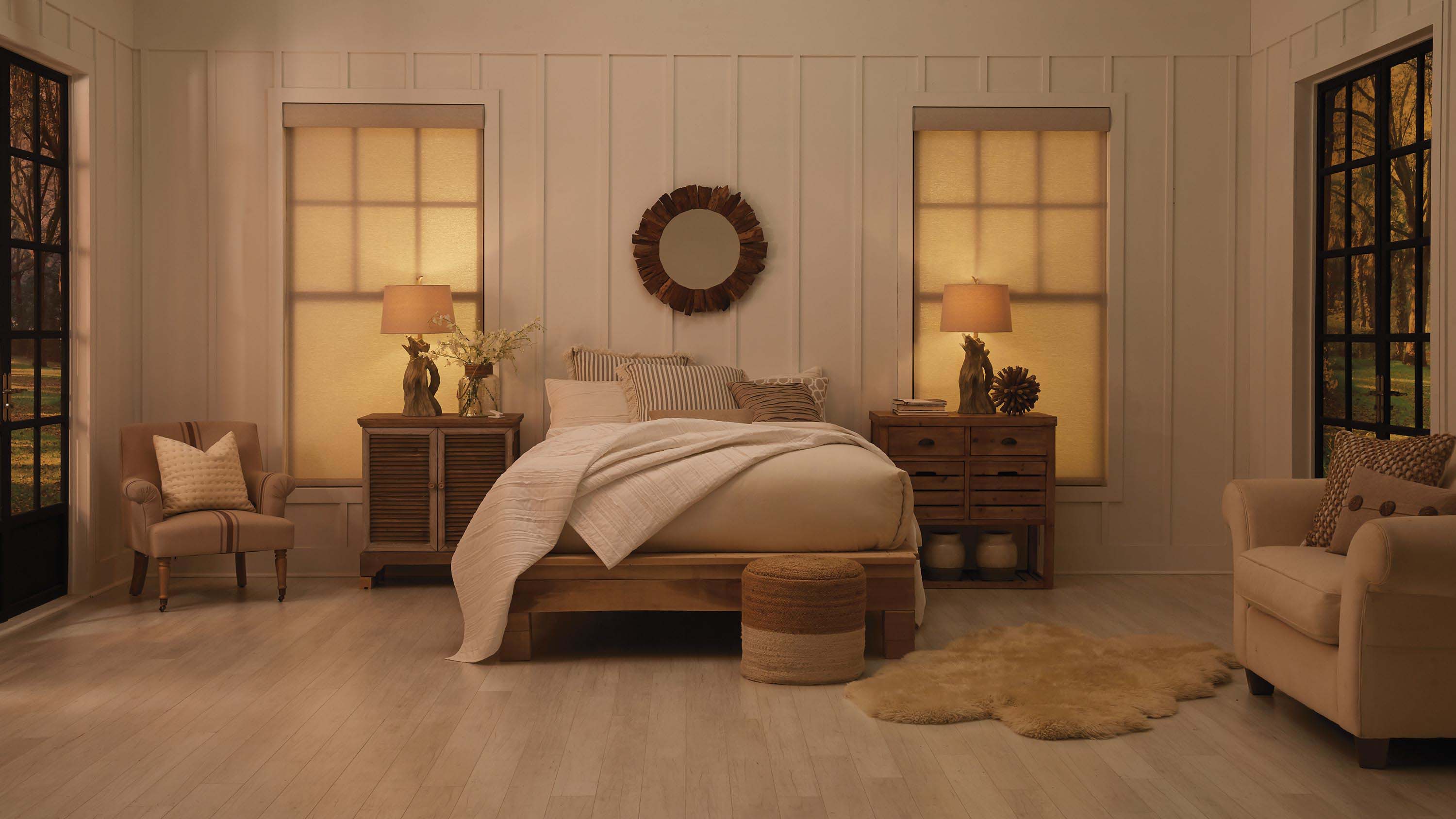 warm toned bedroom with lighting and shades