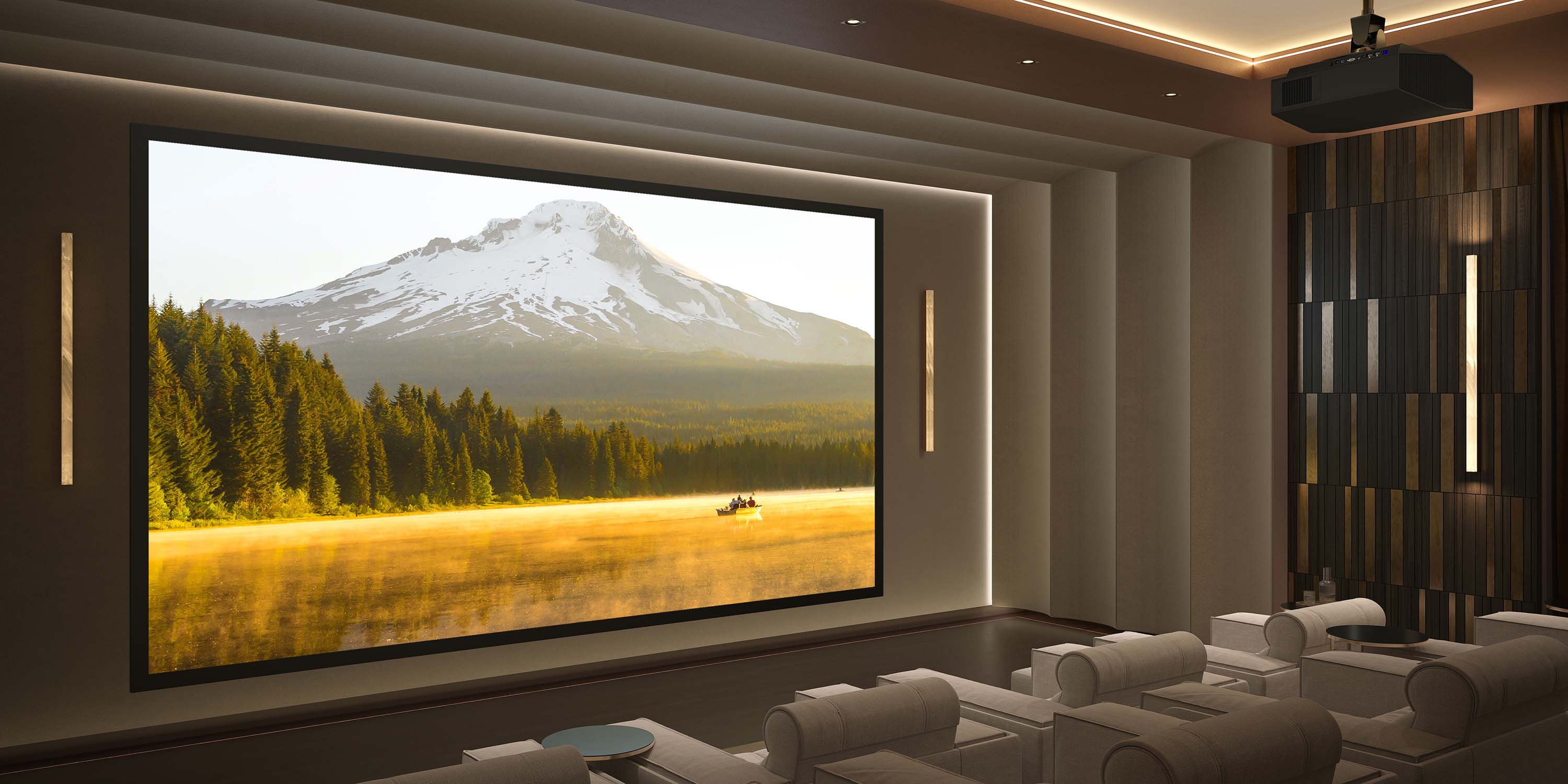 golden toned home theater with sony technology and LED lighting