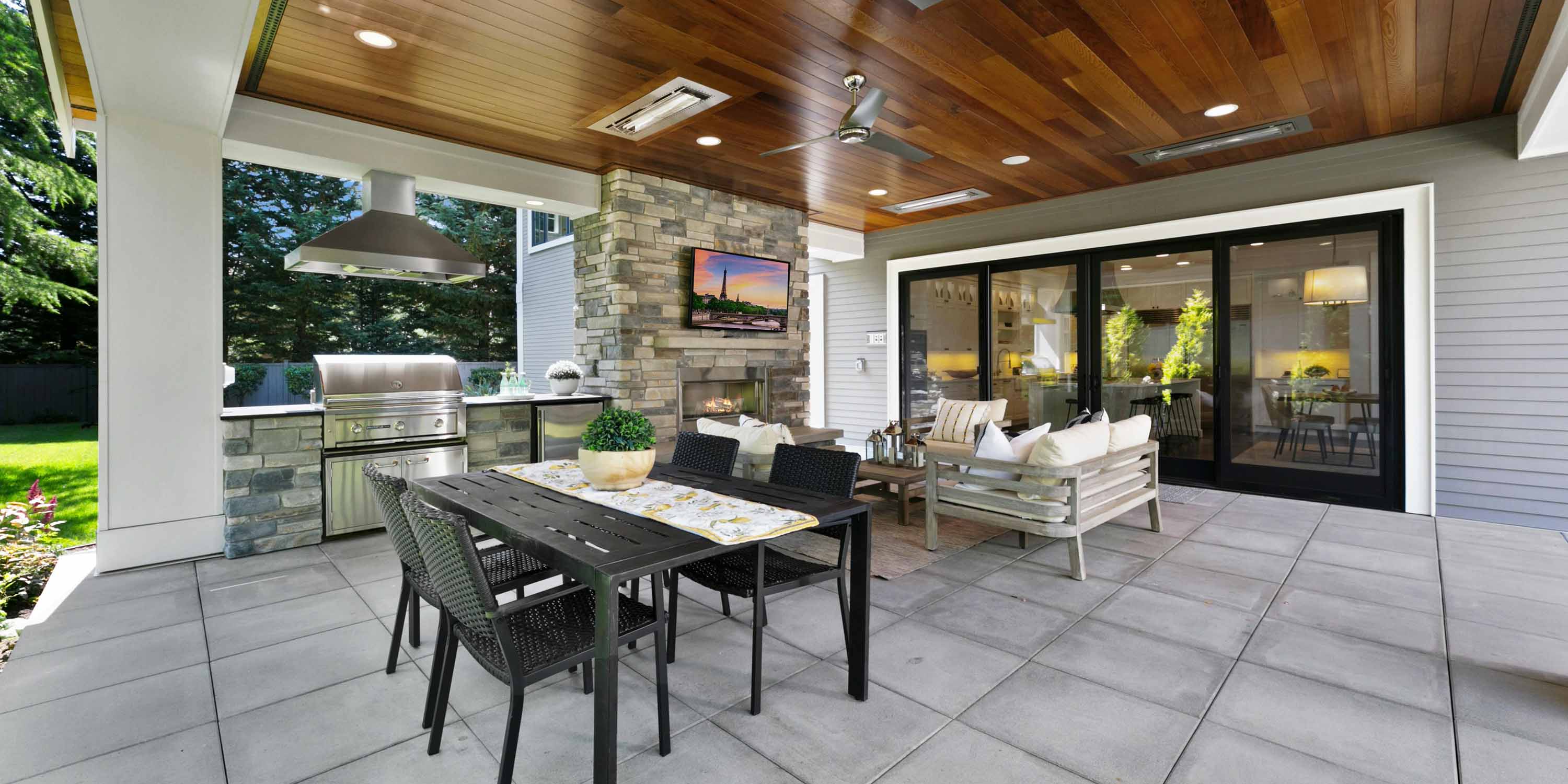 Outdoor Covered Patio with a kitchen and TV setup