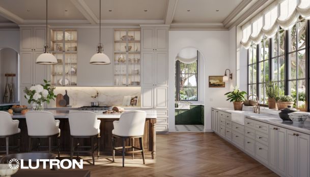 French style kitchen with neutrals and lutron lights and shades