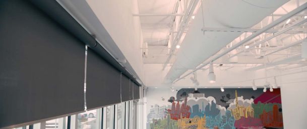 blue grey roller shades from lutron in a commercial space